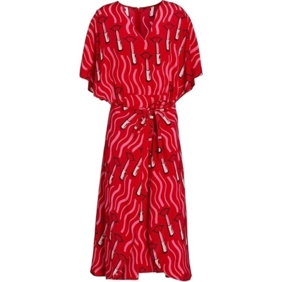 VALENTINO SILK Red Lips Lipstick Printed silk-crepe front wrap midi dress SIZE 4 - Picture 7 of 16